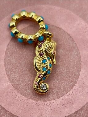 Pandora 14k Gold Plated Seahorse Blue Pink Crystal Cubic Zirconia Dangle Charm